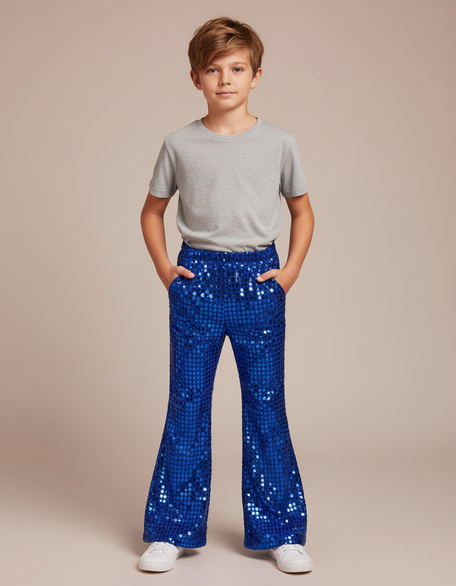 Pantalon Patte D'Éléphant Bleu Pailleté Brillant Évasé Enfant - Polyester