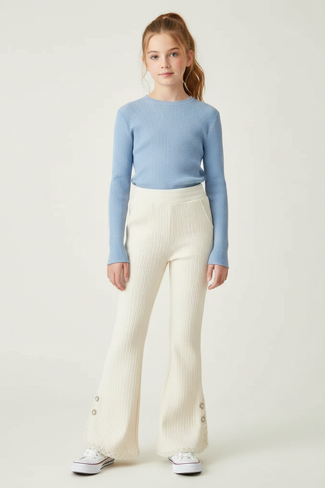 Pantalon Patte D'Éléphant Côtelé Écru Évasé Dentelle Enfant - Beige Maille