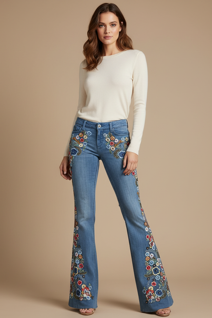 Pantalon Patte D'Éléphant En Jean Brodé Floral, Évasé, Élégant - Bleu