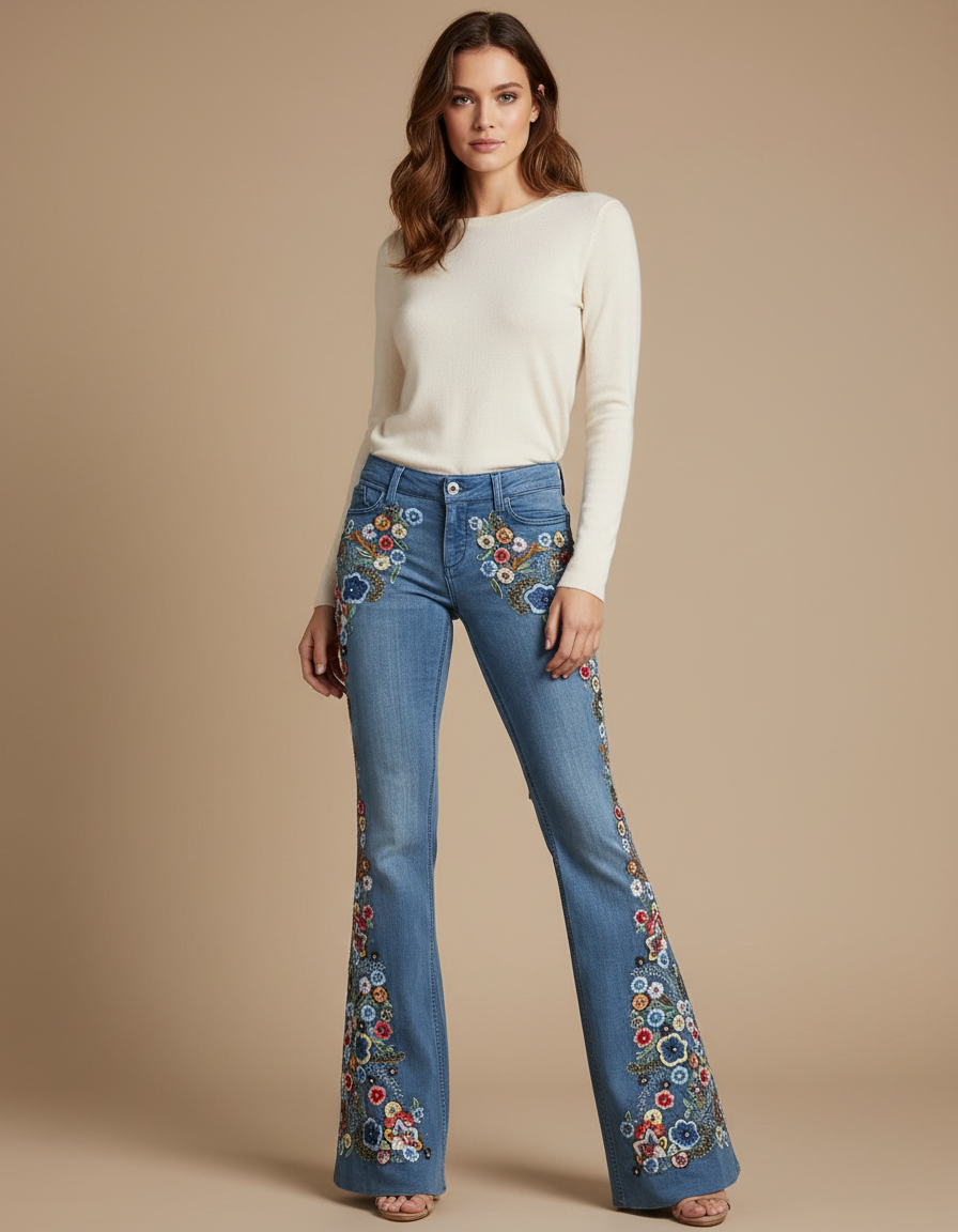 Pantalon Patte D'Éléphant En Jean Brodé Floral, Évasé, Élégant - Bleu