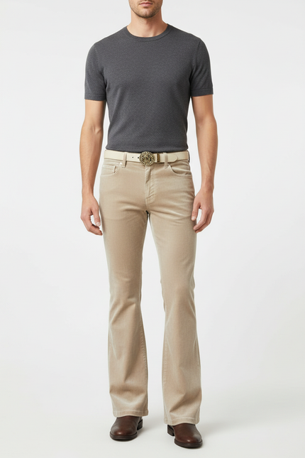 Pantalon Patte D'Éléphant Beige Velours Côtelé Évasé Homme