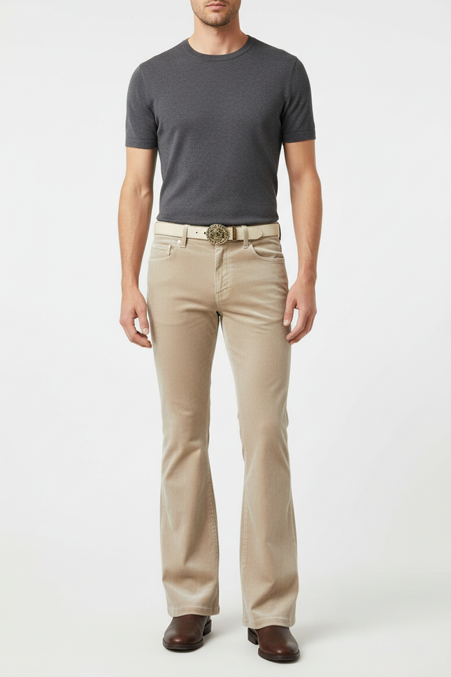 Pantalon Patte D'Éléphant Beige Velours Côtelé Évasé Homme