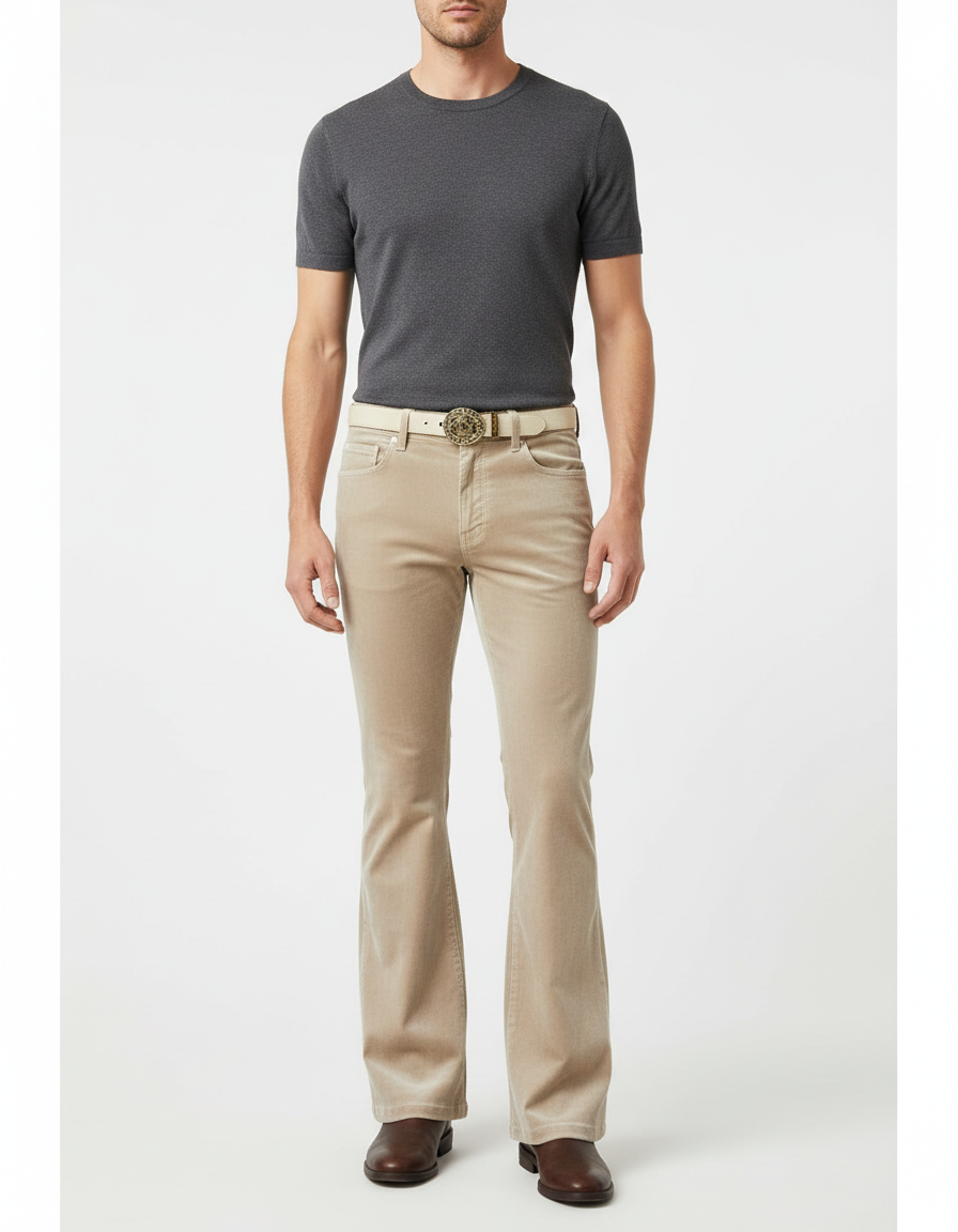Pantalon Patte D'Éléphant Beige Velours Côtelé Évasé Homme