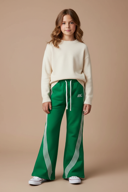 Pantalon Patte D'Éléphant Vert Sportif Évasé Rayures Blanches - Molleton