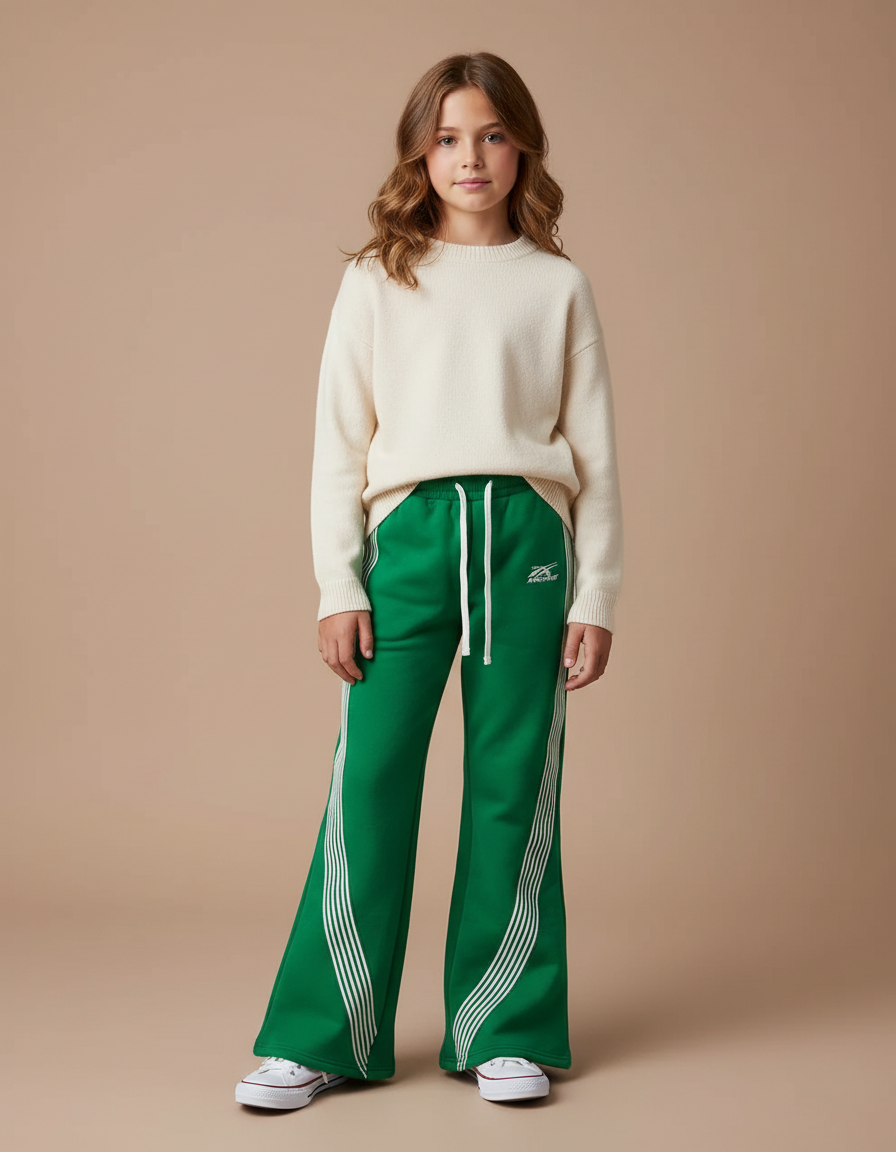 Pantalon Patte D'Éléphant Vert Sportif Évasé Rayures Blanches - Molleton