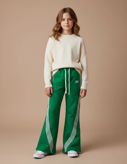 Pantalon Patte D'Éléphant Vert Sportif Évasé Rayures Blanches - Molleton
