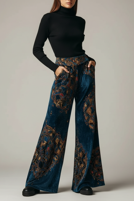 Pantalon Patte D'Éléphant Velours Bleu Imprimé Ethnique Taille Haute