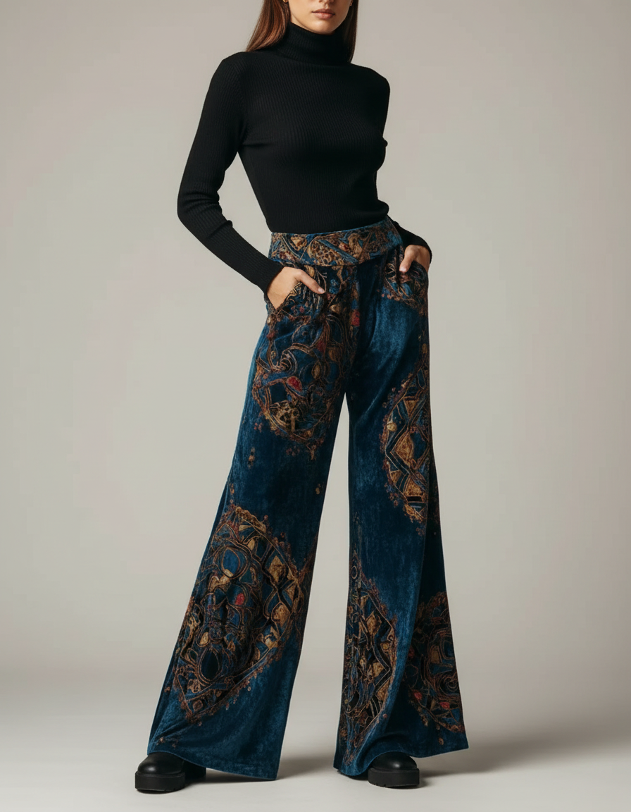 Pantalon Patte D'Éléphant Velours Bleu Imprimé Ethnique Taille Haute