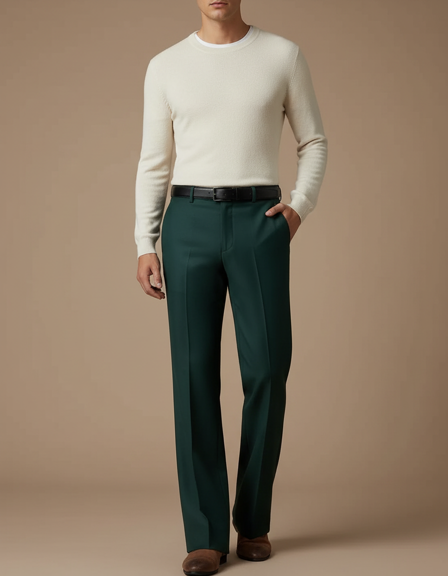 Pantalon Patte D'Éléphant Vert Émeraude Homme Élégant Ajusté - Gabardine