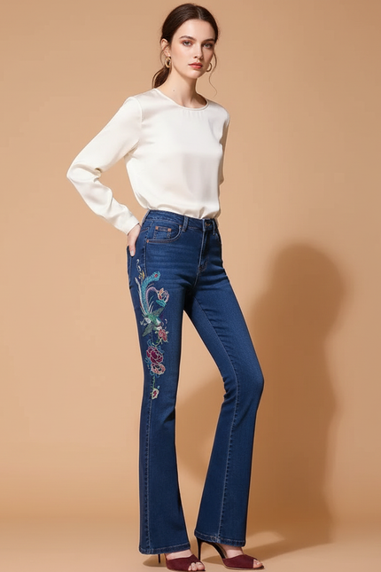 Pantalon Patte D'Éléphant Bleu Brodé Taille Haute Évasé - Jean