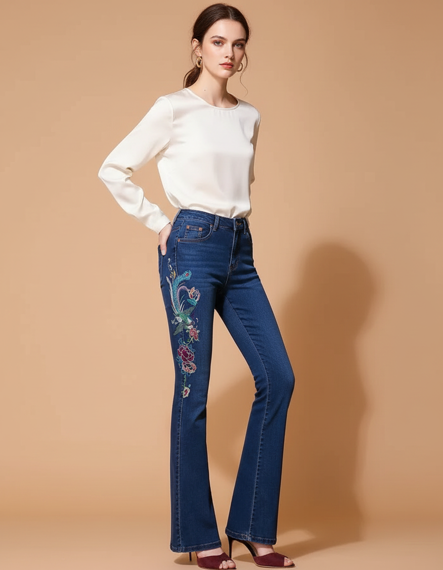 Pantalon Patte D'Éléphant Bleu Brodé Taille Haute Évasé - Jean