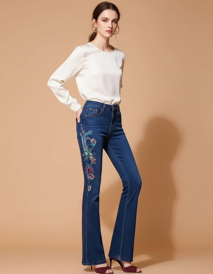 Pantalon Patte D'Éléphant Bleu Brodé Taille Haute Évasé - Jean