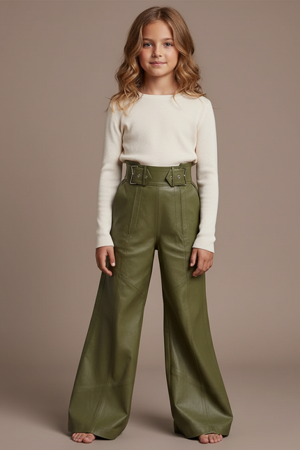Pantalon Patte D'Éléphant Vert Kaki Similicuir Taille Haute Boucles - Simili cuir