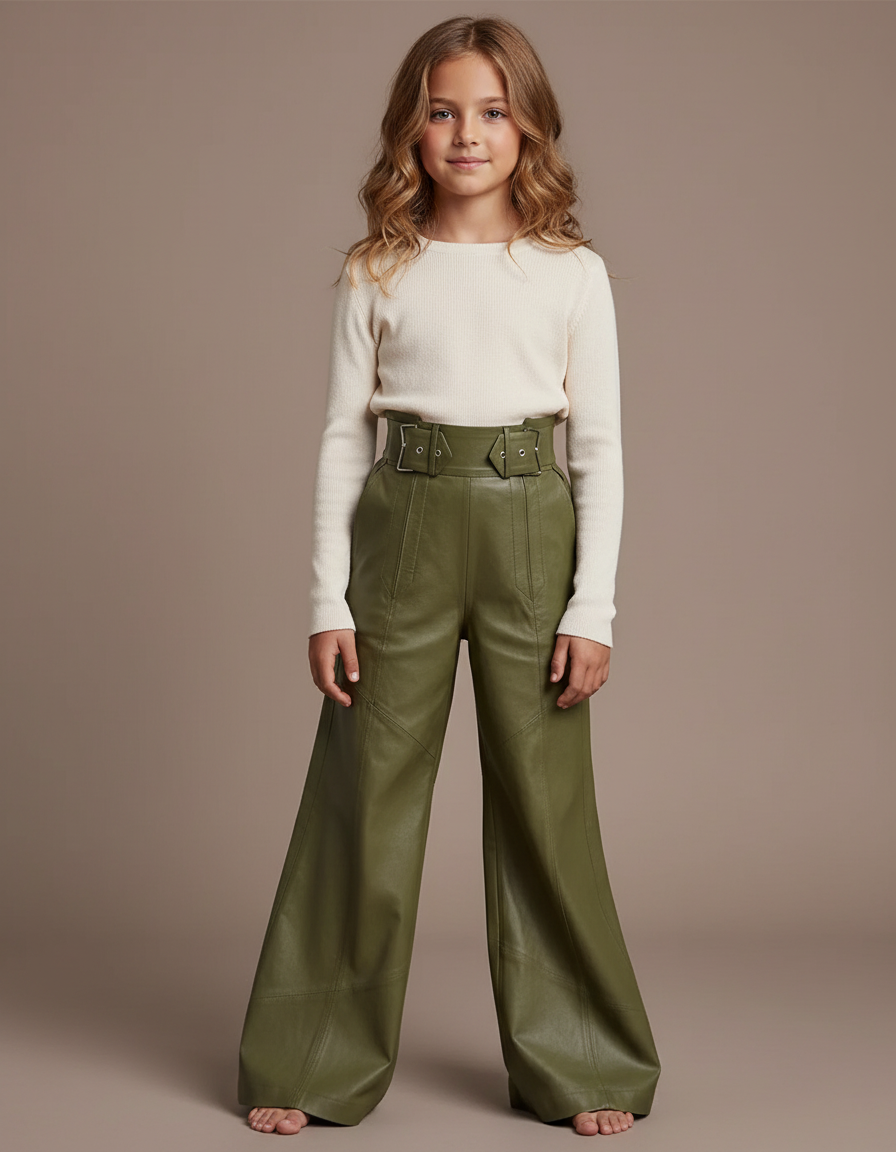 Pantalon Patte D'Éléphant Vert Kaki Similicuir Taille Haute Boucles - Simili cuir