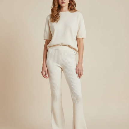 Pantalon Patte D'Éléphant Crème Côtelé Tricot Confortable Femme - Beige Maille