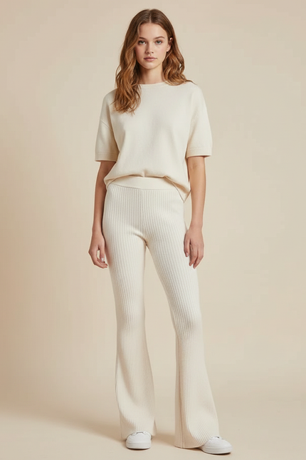 Pantalon Patte D'Éléphant Crème Côtelé Tricot Confortable Femme - Beige Maille