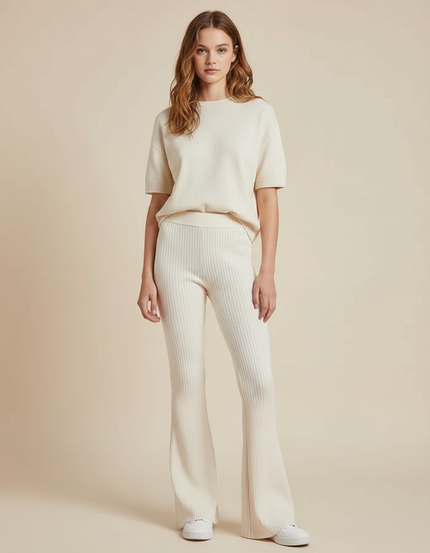 Pantalon Patte D'Éléphant Crème Côtelé Tricot Confortable Femme - Beige Maille