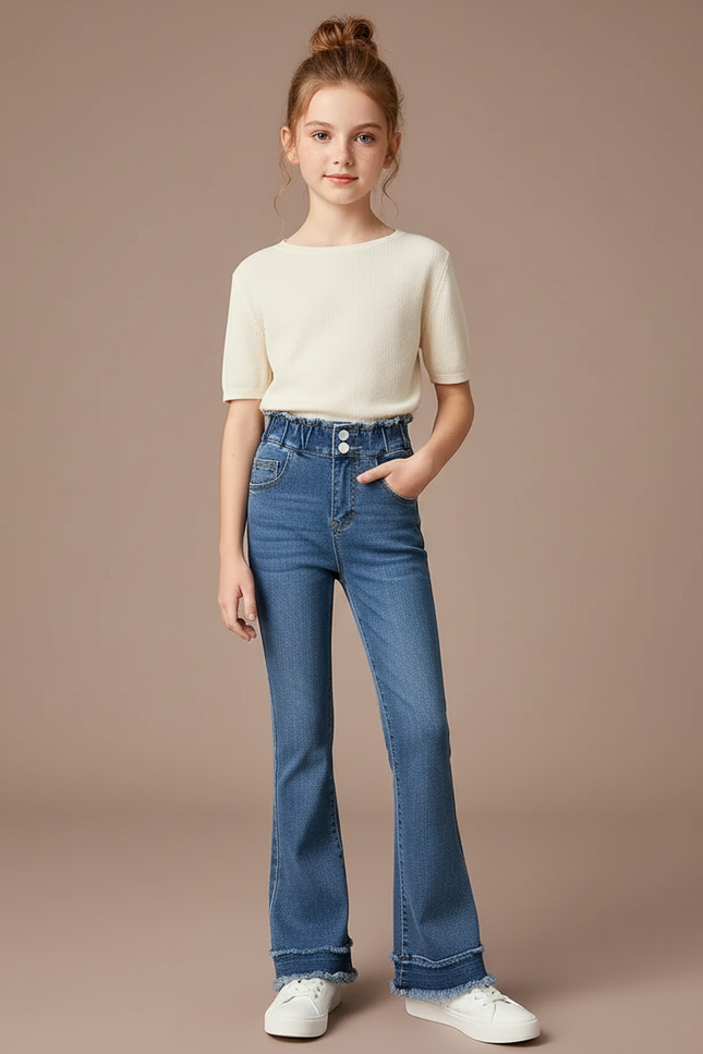 Pantalon Patte D'Éléphant Jean Bleu Taille Haute Enfant