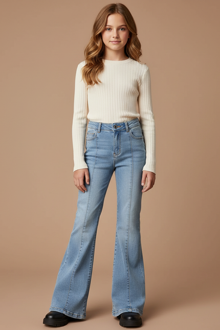 Pantalon Patte D'Éléphant Bleu Clair Denim Évasé Confortable - Jean