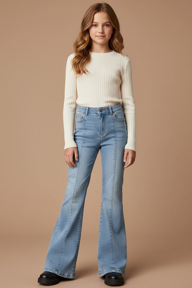 Pantalon Patte D'Éléphant Bleu Clair Denim Évasé Confortable - Jean