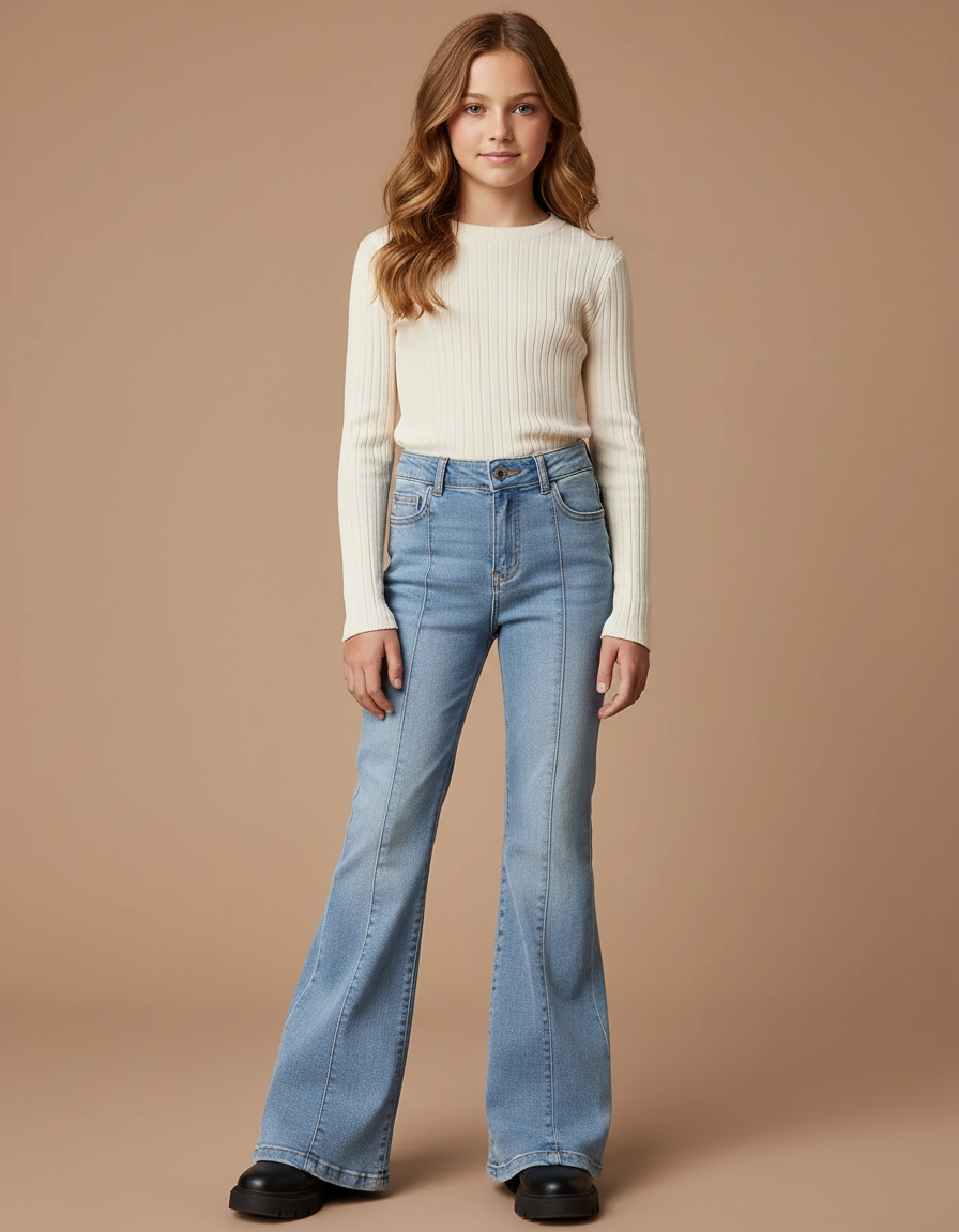 Pantalon Patte D'Éléphant Bleu Clair Denim Évasé Confortable - Jean