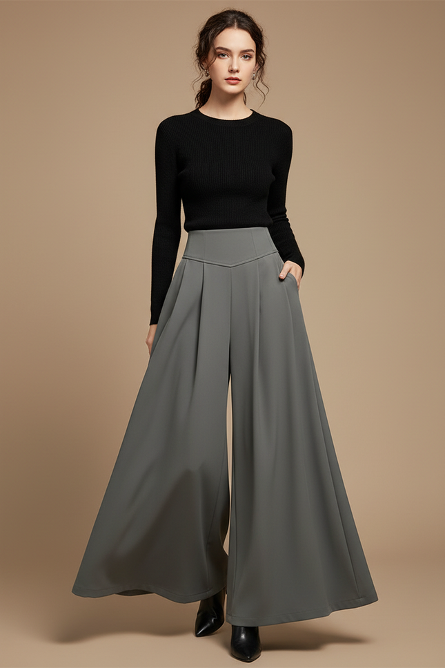 Pantalon Femme Taille Haute Patte D Éléphant - Gris Polyester