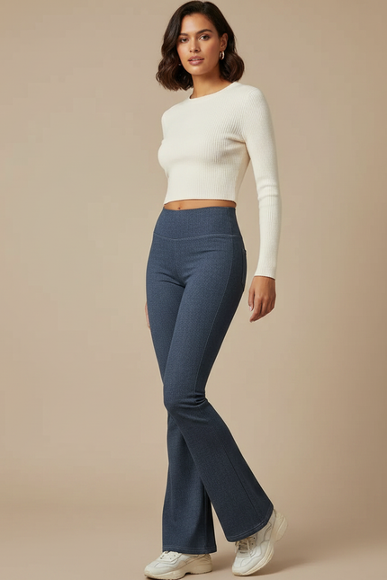 Pantalon Patte D'Éléphant Bleu Denim Taille Haute Stretch Évasé - Jean