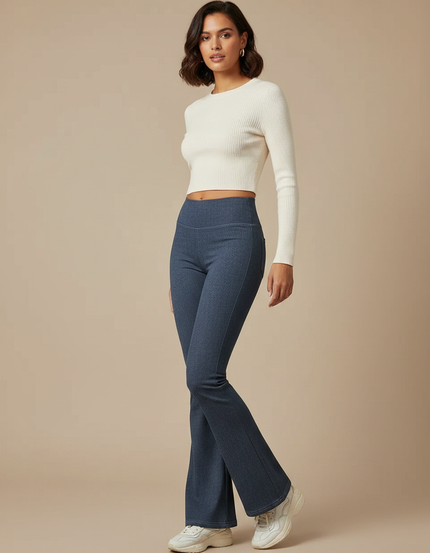 Pantalon Patte D'Éléphant Bleu Denim Taille Haute Stretch Évasé - Jean
