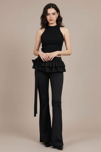 Pantalon Patte D'Éléphant Noir Volants Ceinture Fluide Élégant - Polyester