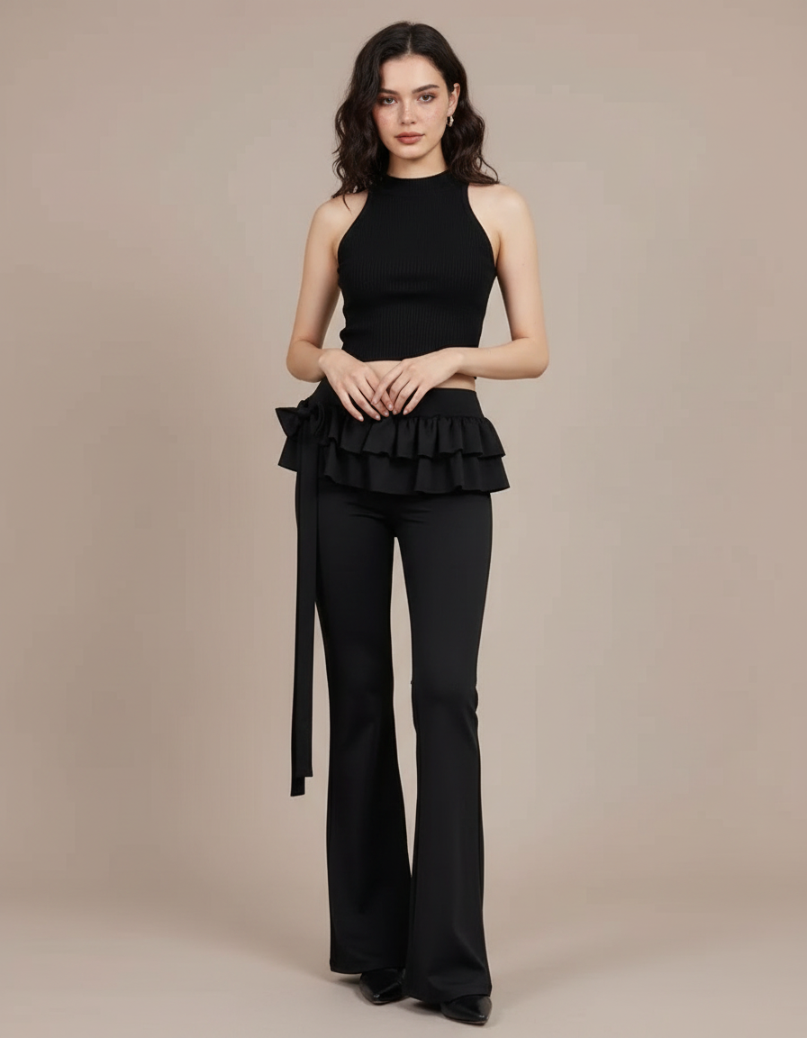Pantalon Patte D'Éléphant Noir Volants Ceinture Fluide Élégant - Polyester