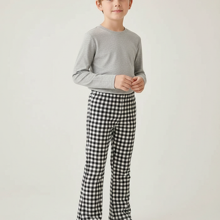Pantalon Patte D'Éléphant Évasé Carreaux Vichy Noir Blanc Enfant - Imprimé Coton