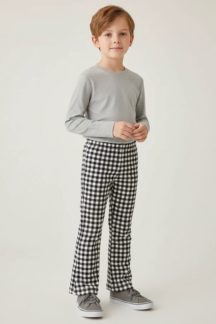 Pantalon Patte D'Éléphant Évasé Carreaux Vichy Noir Blanc Enfant - Imprimé Coton