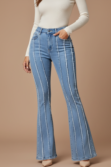 Pantalon Patte D'Éléphant Jean Bleu Frangé Vintage Évasé