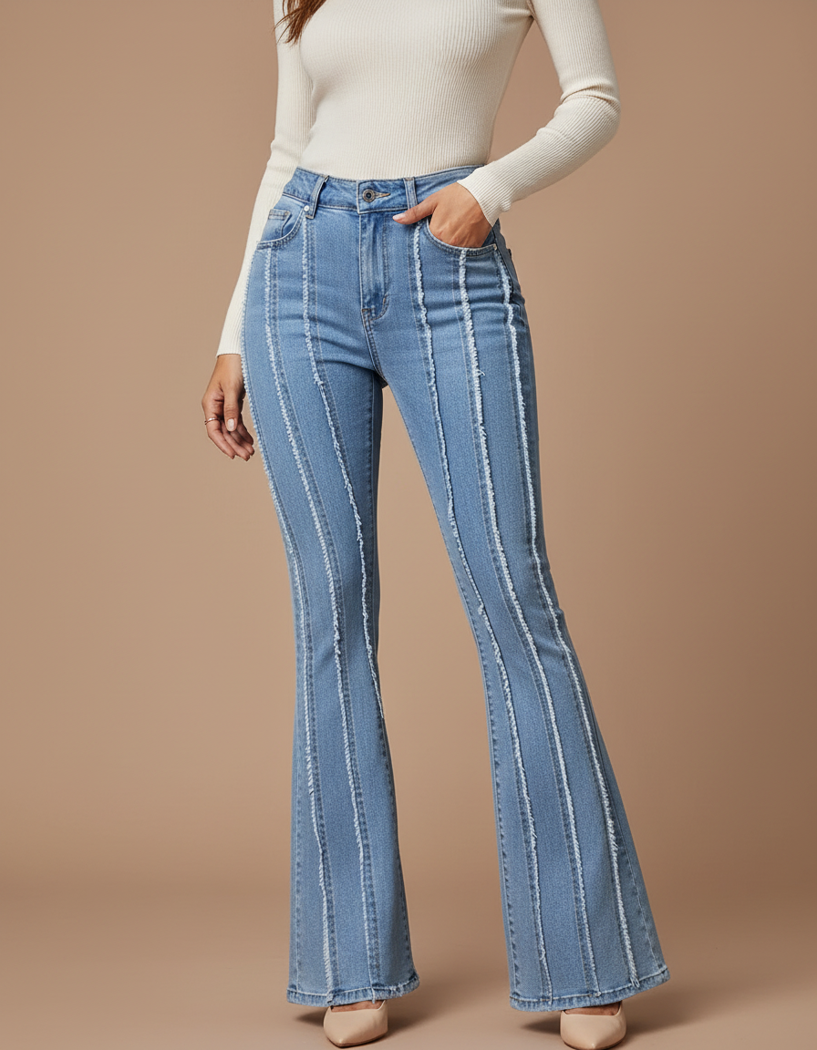 Pantalon Patte D'Éléphant Jean Bleu Frangé Vintage Évasé