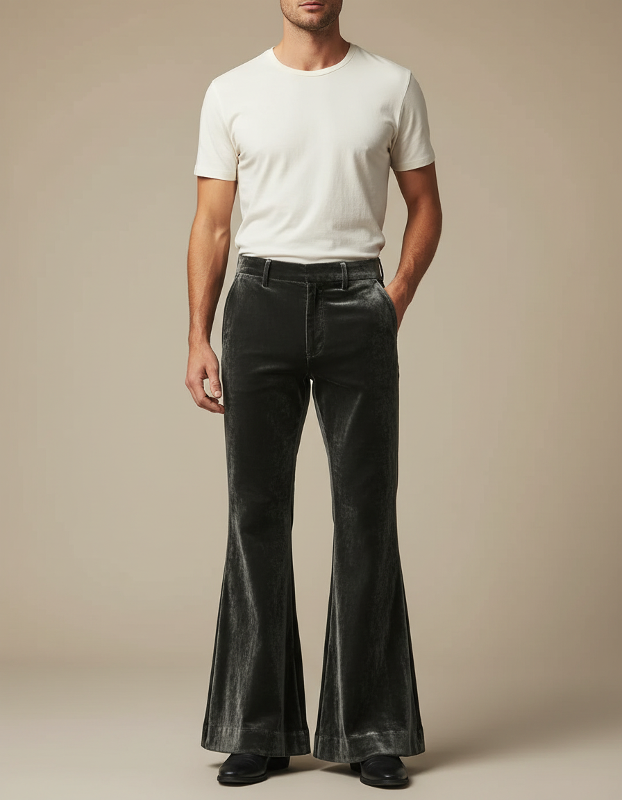 Pantalon Patte D'Éléphant Velours Gris Homme Évasé Chic