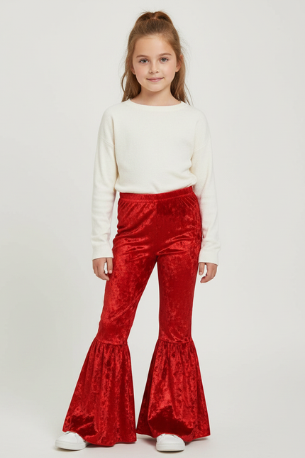 Pantalon Patte D'Éléphant Velours Rouge Évasé Enfant Fille