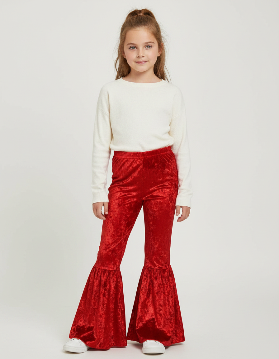 Pantalon Patte D'Éléphant Velours Rouge Évasé Enfant Fille