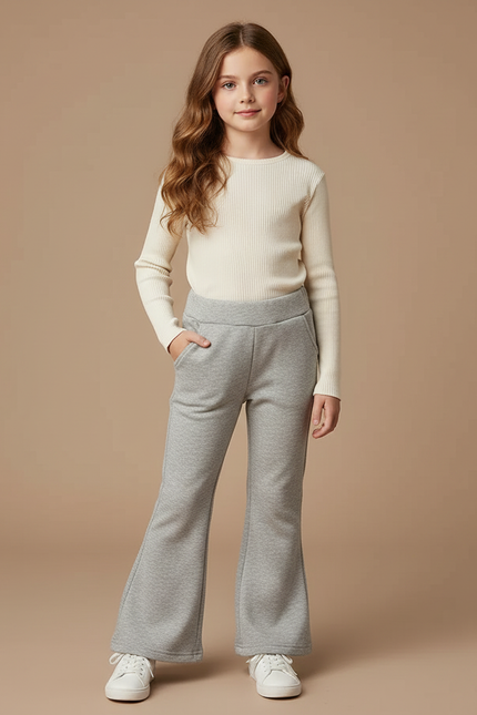 Pantalon Patte D'Éléphant Fille Gris Confortable Évasé - Molleton