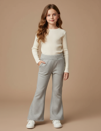 Pantalon Patte D'Éléphant Fille Gris Confortable Évasé - Molleton