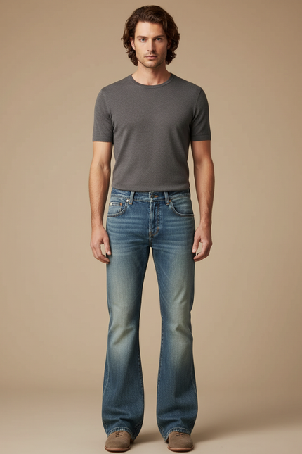Pantalon Patte D'Éléphant Homme, Jean Bleu Délavé Classique