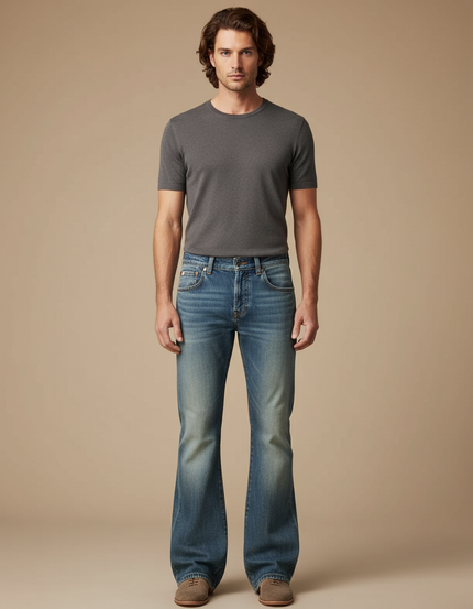 Pantalon Patte D'Éléphant Homme, Jean Bleu Délavé Classique