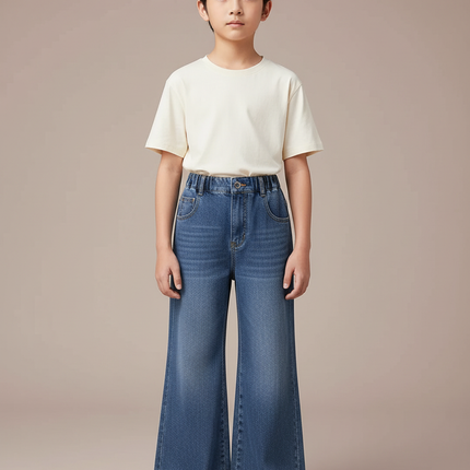 Pantalon Patte D'Éléphant Denim Bleu Évasé Frangé Enfant - Jean