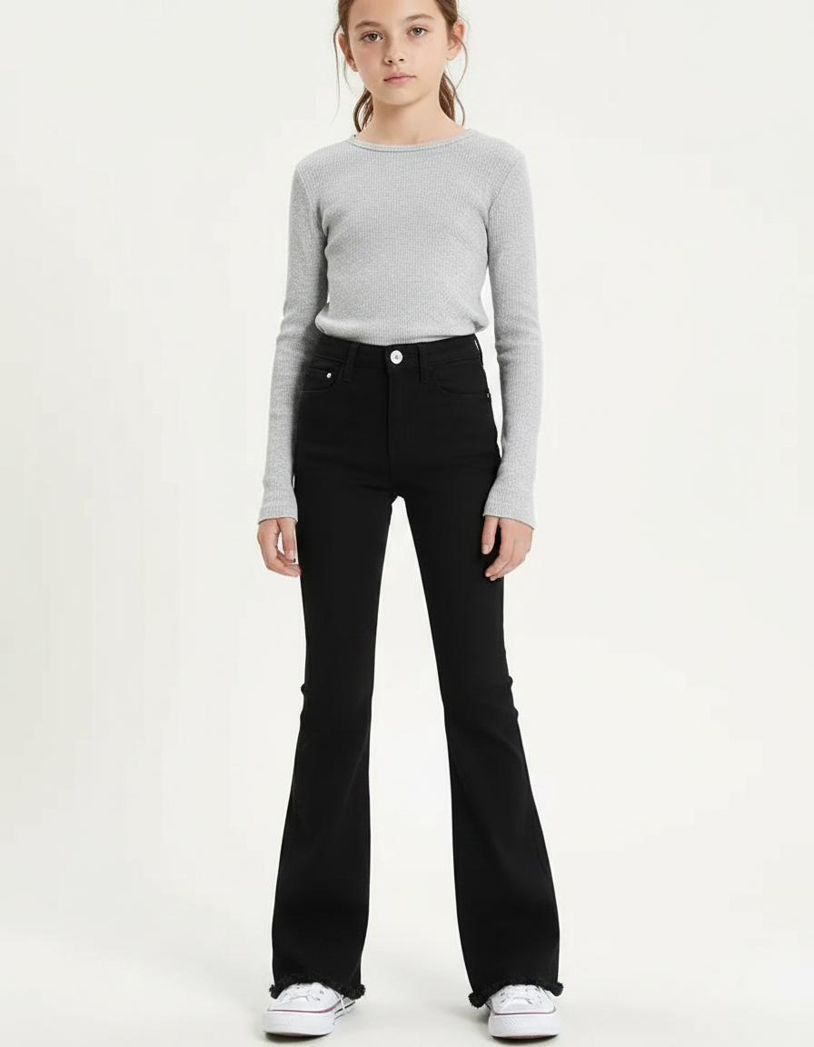 Pantalon Patte D'Éléphant Noir Taille Haute Effiloché Enfant - Jean