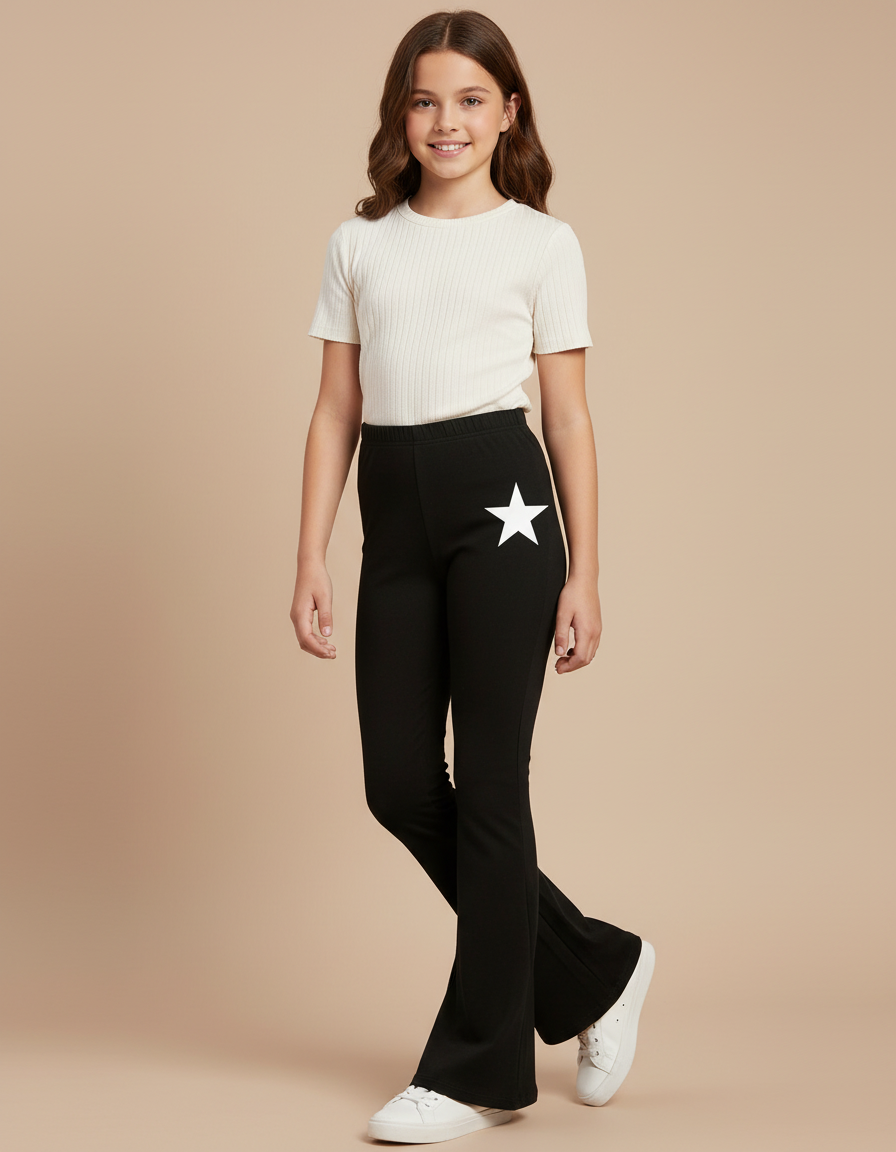 Pantalon Patte D'Éléphant Noir Élastique Étoile Fille - Molleton
