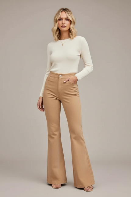 Pantalon Patte D'Éléphant Beige Taille Haute Boutons Évasé Élégant - Gabardine