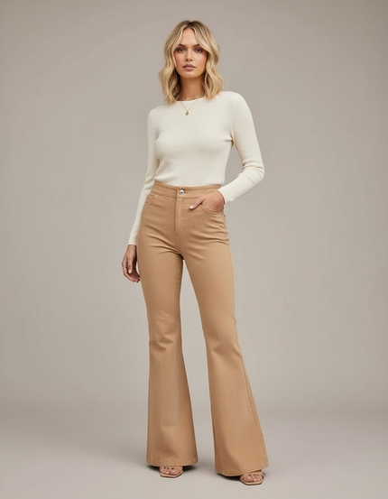 Pantalon Patte D'Éléphant Beige Taille Haute Boutons Évasé Élégant - Gabardine