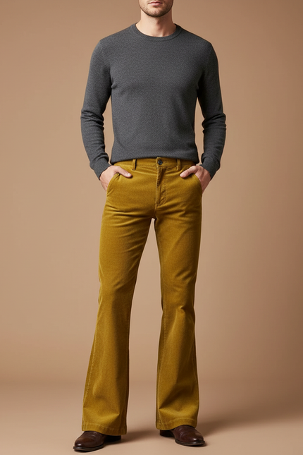 Pantalon Patte D'Éléphant Velours Côtelé Jaune Homme Décontracté - Cordé