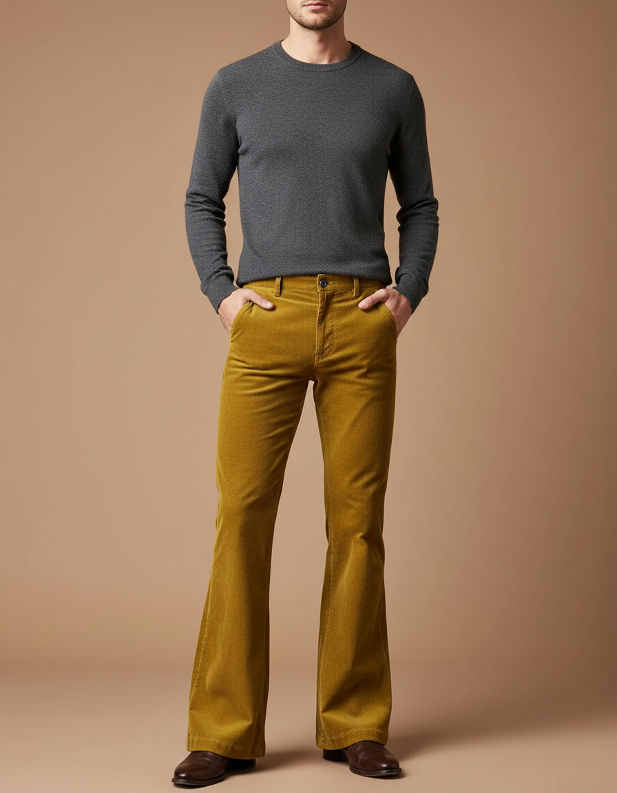 Pantalon Patte D'Éléphant Velours Côtelé Jaune Homme Décontracté - Cordé