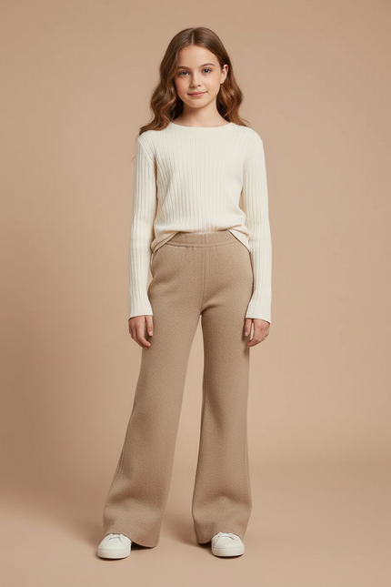 Pantalon Patte D'Éléphant Beige Tricoté Ample Confortable Fille - Maille