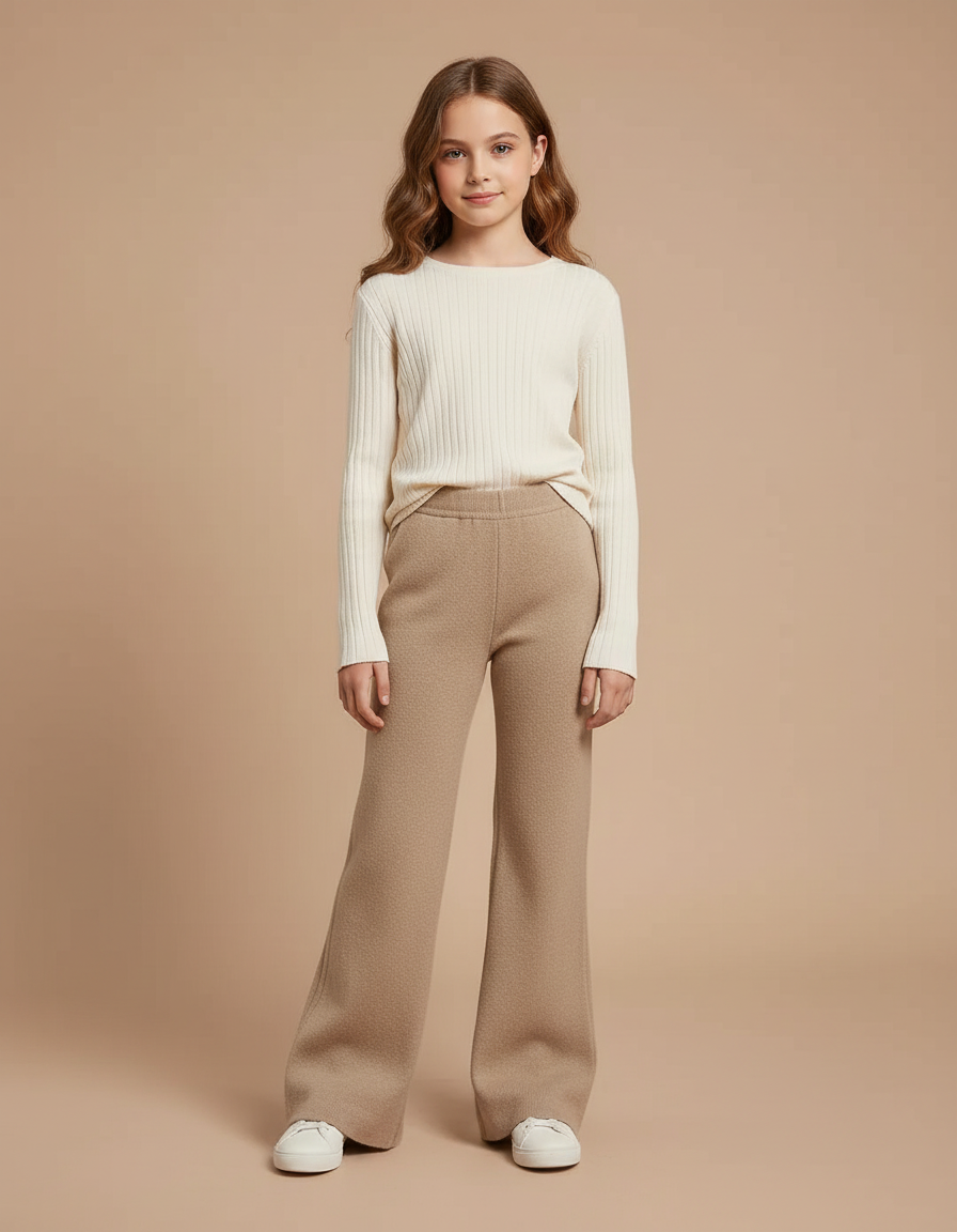 Pantalon Patte D'Éléphant Beige Tricoté Ample Confortable Fille - Maille